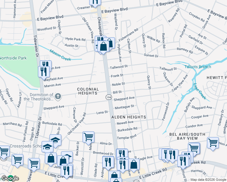 map of restaurants, bars, coffee shops, grocery stores, and more near 1123 Noble Street in Norfolk