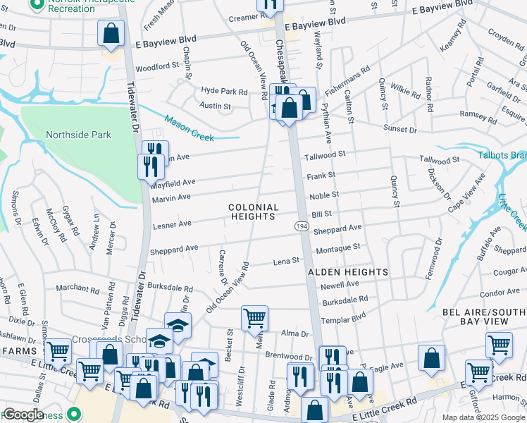 map of restaurants, bars, coffee shops, grocery stores, and more near 915 Vero Street in Norfolk