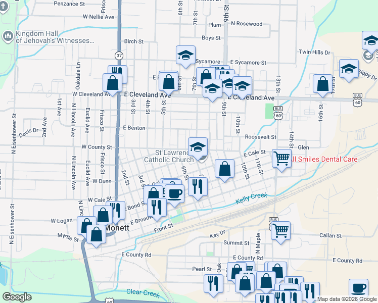 map of restaurants, bars, coffee shops, grocery stores, and more near 600-698 7th St in Monett
