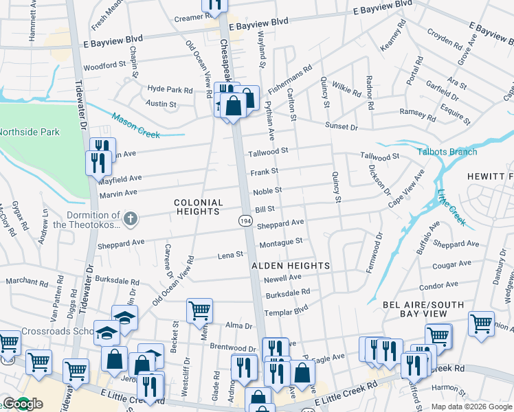 map of restaurants, bars, coffee shops, grocery stores, and more near 1123 Noble Street in Norfolk
