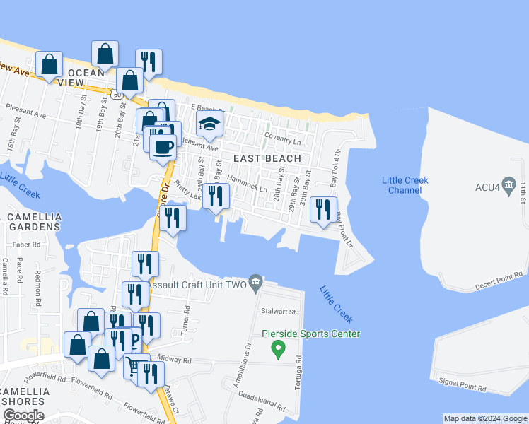 map of restaurants, bars, coffee shops, grocery stores, and more near 4735 Willben Street in Norfolk