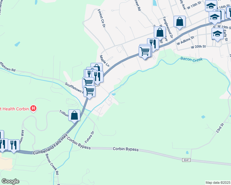 map of restaurants, bars, coffee shops, grocery stores, and more near 125 Steel Road in Corbin