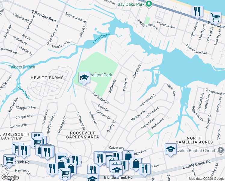 map of restaurants, bars, coffee shops, grocery stores, and more near 8329 Millard Street in Norfolk