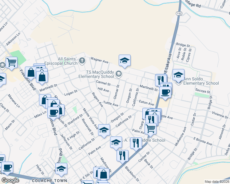 map of restaurants, bars, coffee shops, grocery stores, and more near 746 Glemar Street in Watsonville
