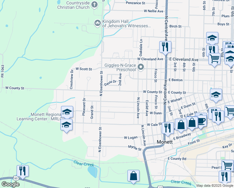 map of restaurants, bars, coffee shops, grocery stores, and more near 416-424 West County Street in Monett