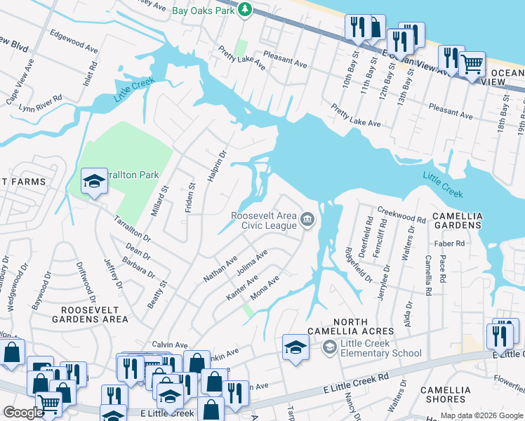 map of restaurants, bars, coffee shops, grocery stores, and more near 8440 Larrymore Avenue in Norfolk