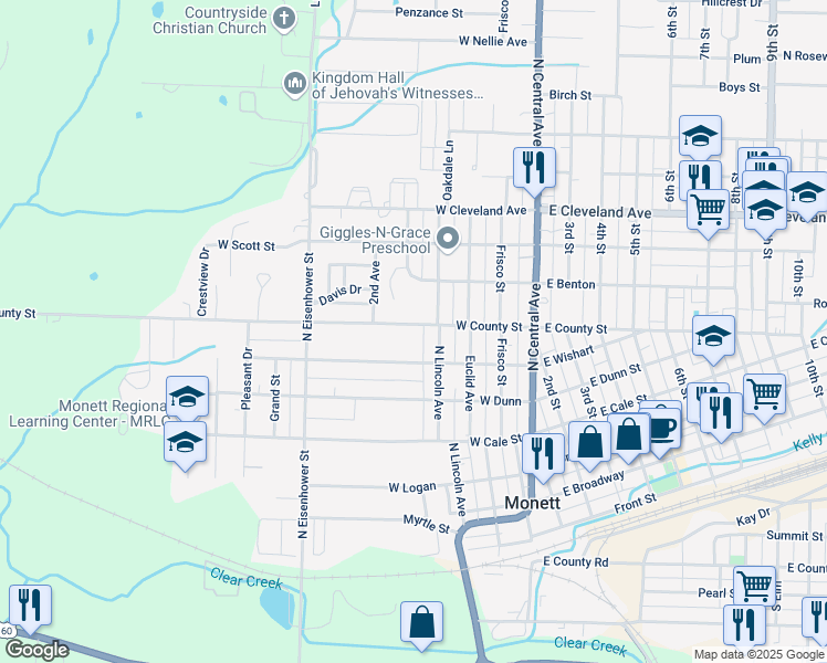 map of restaurants, bars, coffee shops, grocery stores, and more near 411 West County Street in Monett