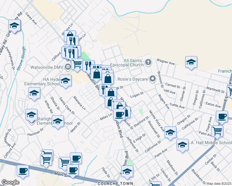 map of restaurants, bars, coffee shops, grocery stores, and more near 35 Sycamore Street in Watsonville