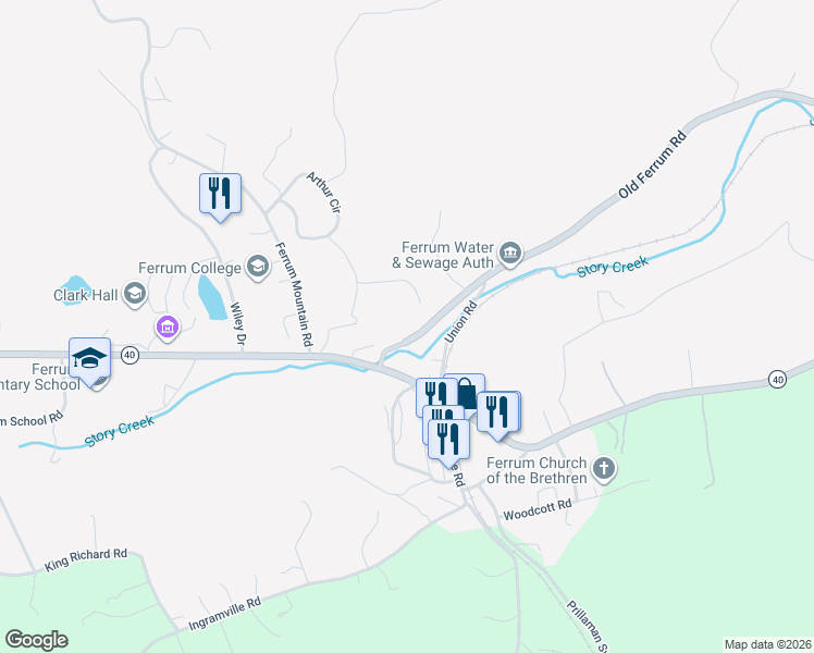 map of restaurants, bars, coffee shops, grocery stores, and more near 85 Old Ferrum Road in Ferrum