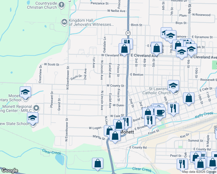 map of restaurants, bars, coffee shops, grocery stores, and more near 701-799 Euclid Avenue in Monett
