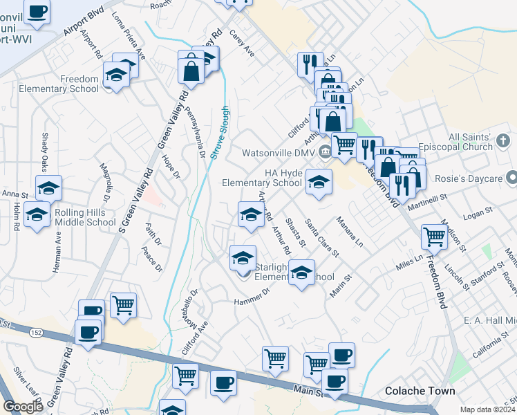 map of restaurants, bars, coffee shops, grocery stores, and more near 2 Arthur Road in Watsonville