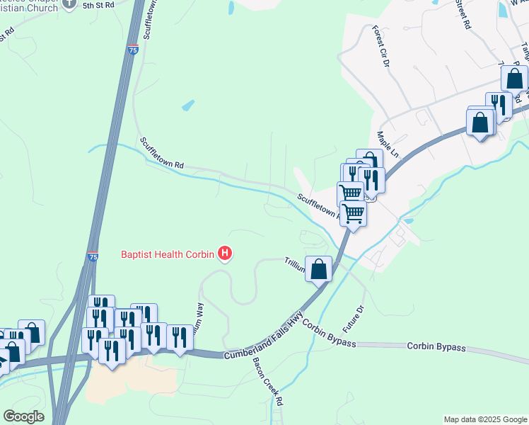 map of restaurants, bars, coffee shops, grocery stores, and more near 60 Weldon Point in Corbin
