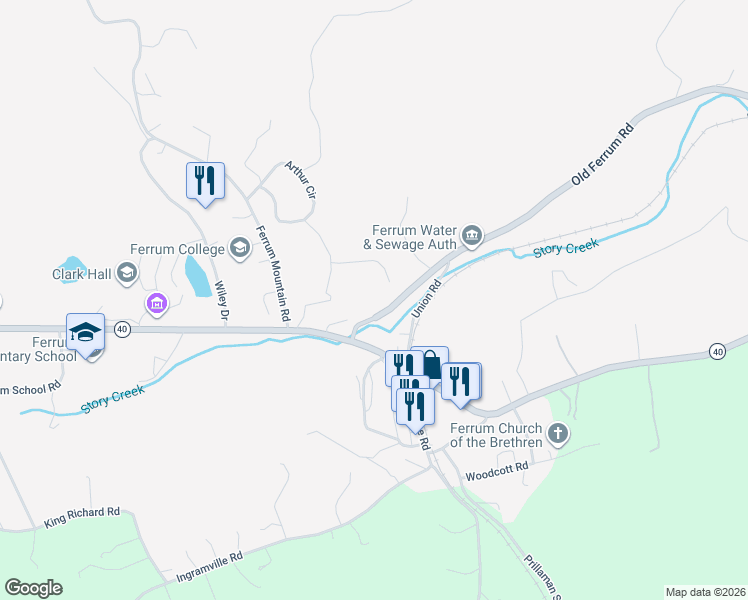 map of restaurants, bars, coffee shops, grocery stores, and more near 85 Old Ferrum Road in Ferrum