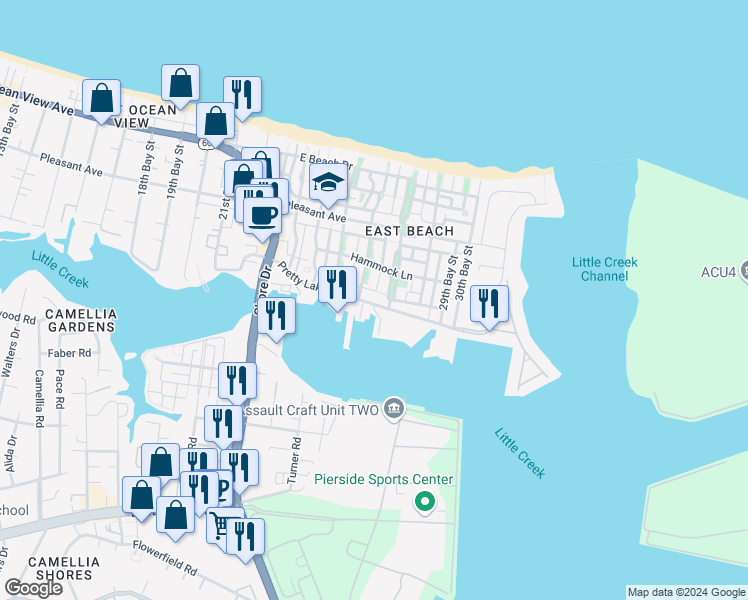 map of restaurants, bars, coffee shops, grocery stores, and more near 9519 27th Bay Street in Norfolk