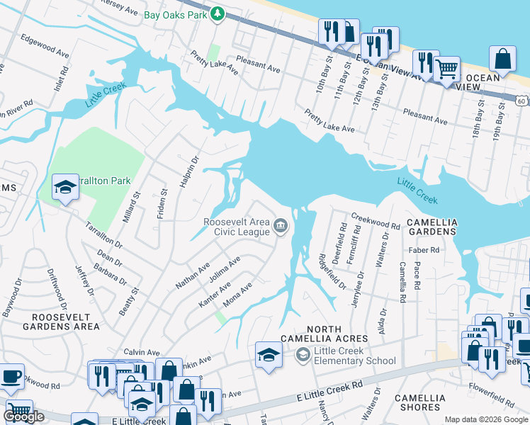 map of restaurants, bars, coffee shops, grocery stores, and more near 8468 Mona Avenue in Norfolk