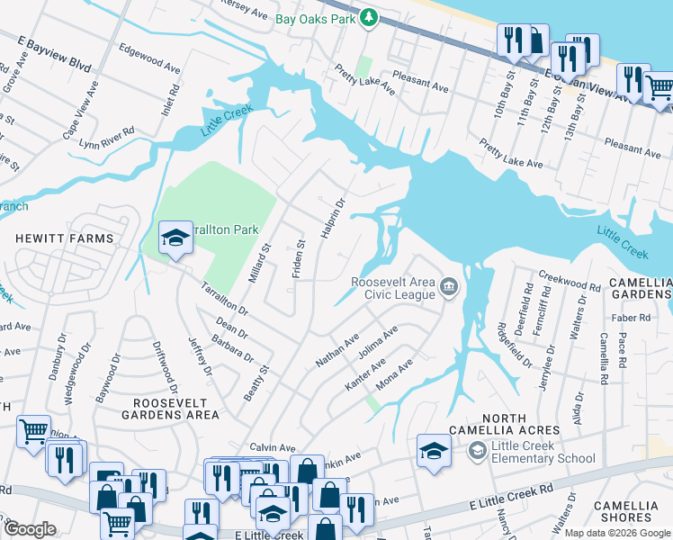 map of restaurants, bars, coffee shops, grocery stores, and more near 8425 Larrymore Avenue in Norfolk