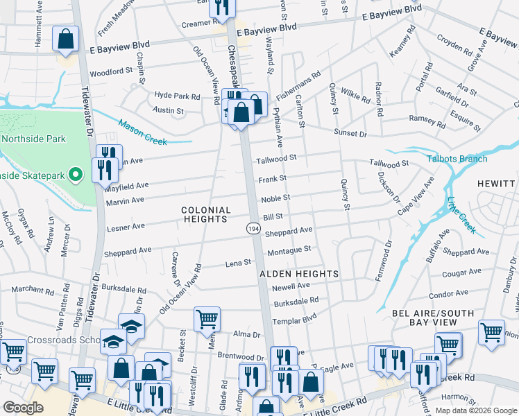 map of restaurants, bars, coffee shops, grocery stores, and more near 1123 Noble Street in Norfolk