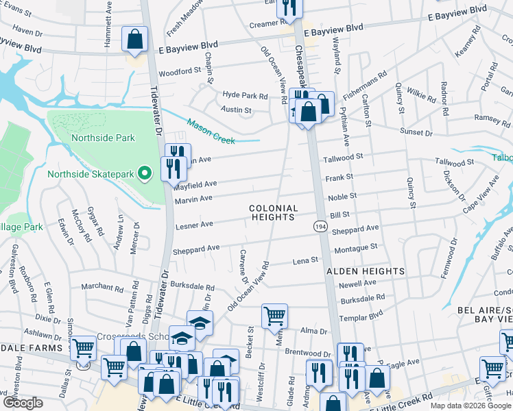 map of restaurants, bars, coffee shops, grocery stores, and more near in Norfolk