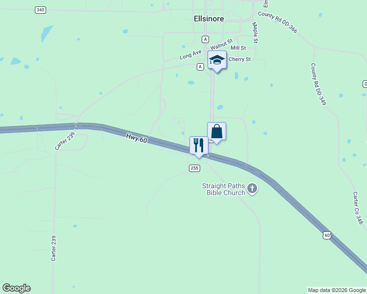 map of restaurants, bars, coffee shops, grocery stores, and more near Highway 60 in Ellsinore