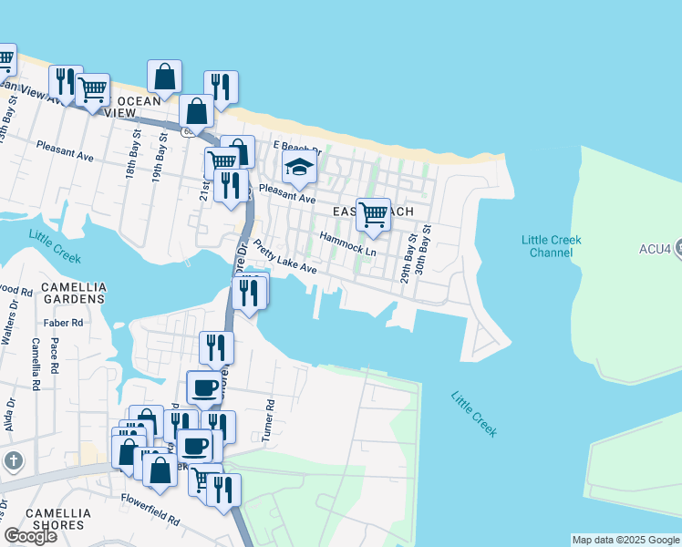 map of restaurants, bars, coffee shops, grocery stores, and more near 9428 26th Bay Street in Norfolk