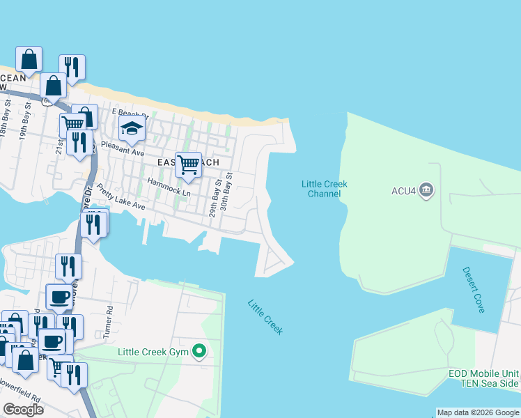 map of restaurants, bars, coffee shops, grocery stores, and more near 9556 Bay Front Drive in Norfolk