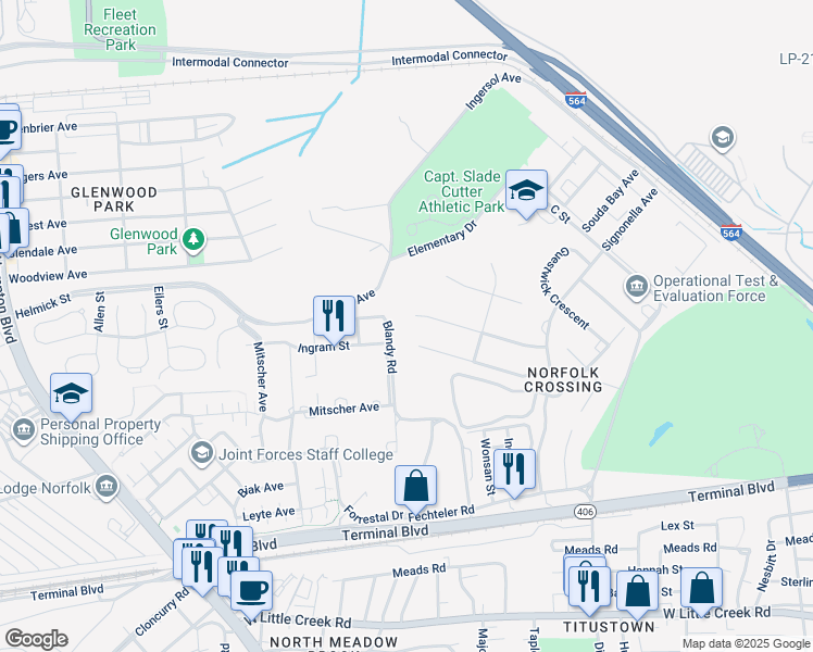 map of restaurants, bars, coffee shops, grocery stores, and more near in Norfolk