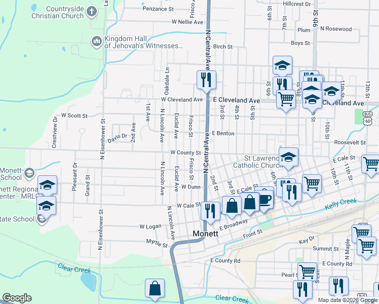 map of restaurants, bars, coffee shops, grocery stores, and more near 701-799 Frisco Avenue in Monett