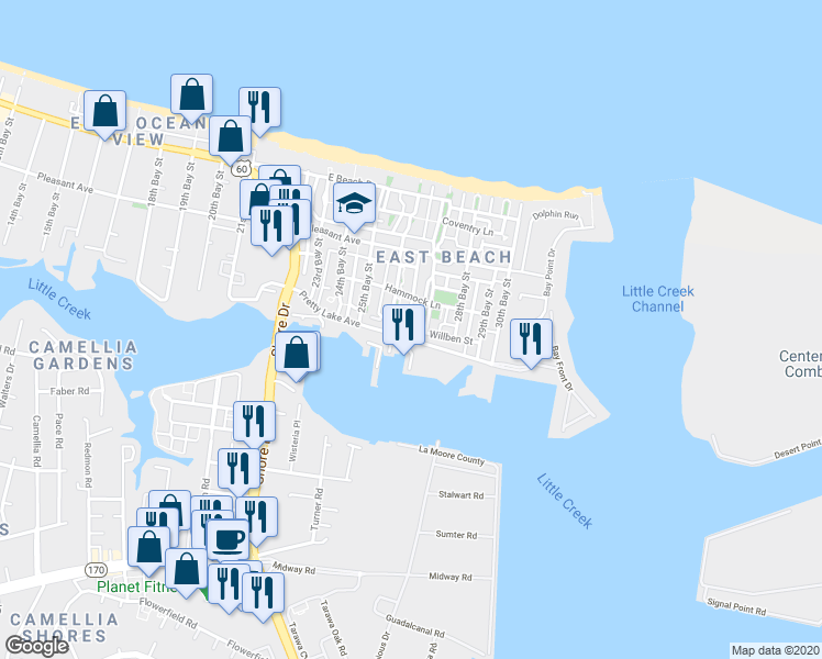 map of restaurants, bars, coffee shops, grocery stores, and more near 9429 27th Bay Street in Norfolk