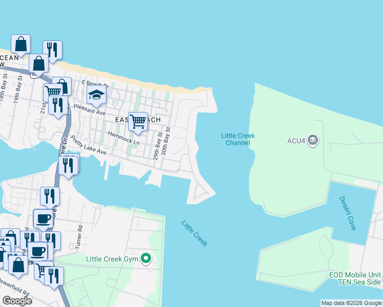 map of restaurants, bars, coffee shops, grocery stores, and more near 9556 Bay Front Drive in Norfolk