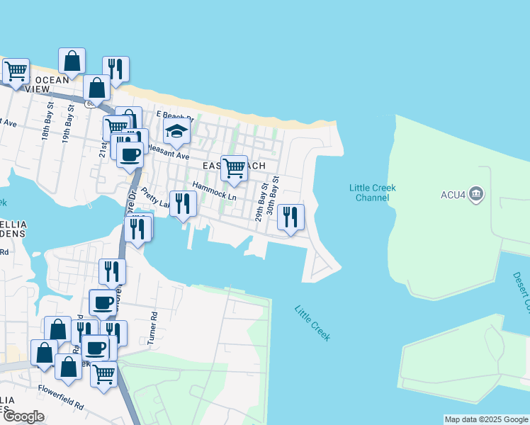 map of restaurants, bars, coffee shops, grocery stores, and more near 9524 29th Bay Street in Norfolk