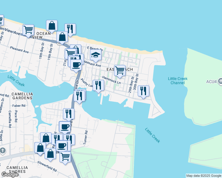 map of restaurants, bars, coffee shops, grocery stores, and more near 9429 27th Bay Street in Norfolk