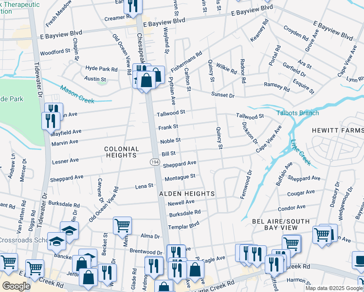 map of restaurants, bars, coffee shops, grocery stores, and more near 1209 Noble Street in Norfolk