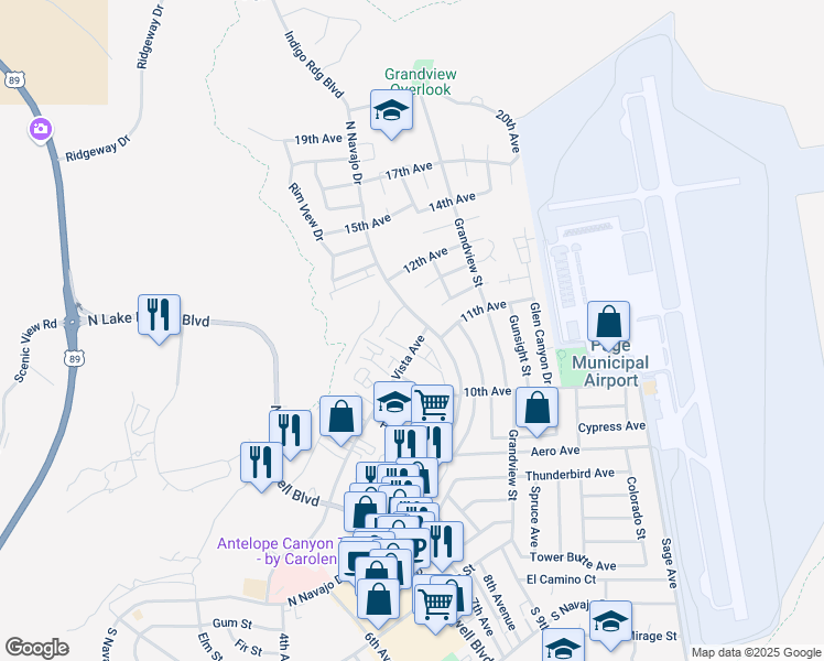map of restaurants, bars, coffee shops, grocery stores, and more near 1106 North Navajo Drive in Page