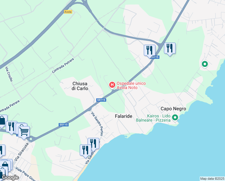 map of restaurants, bars, coffee shops, grocery stores, and more near Strada Statale 115 in Provincia di Siracusa