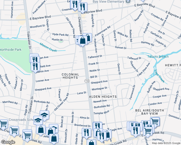 map of restaurants, bars, coffee shops, grocery stores, and more near 1111 Noble Street in Norfolk