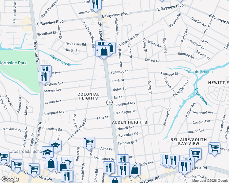 map of restaurants, bars, coffee shops, grocery stores, and more near 1111 Noble Street in Norfolk