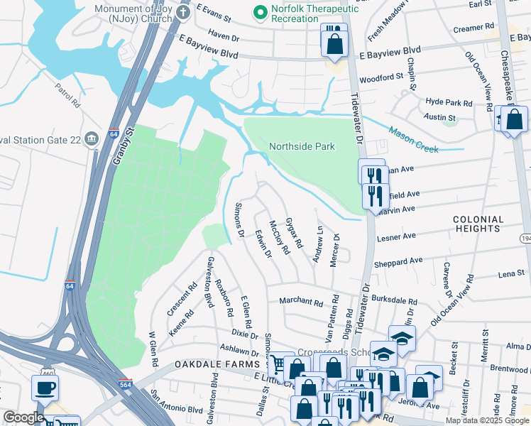 map of restaurants, bars, coffee shops, grocery stores, and more near 8244 McCloy Road in Norfolk