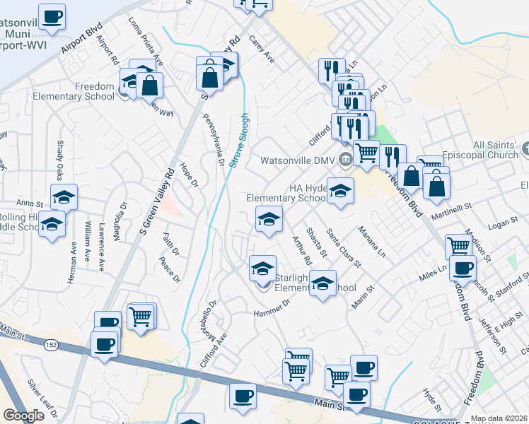 map of restaurants, bars, coffee shops, grocery stores, and more near 217 Clifford Avenue in Watsonville