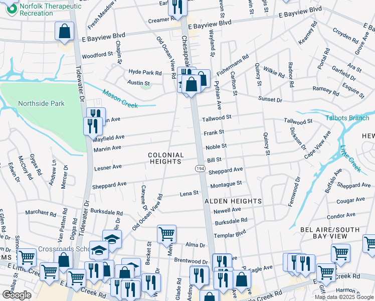 map of restaurants, bars, coffee shops, grocery stores, and more near 935 Vero Street in Norfolk