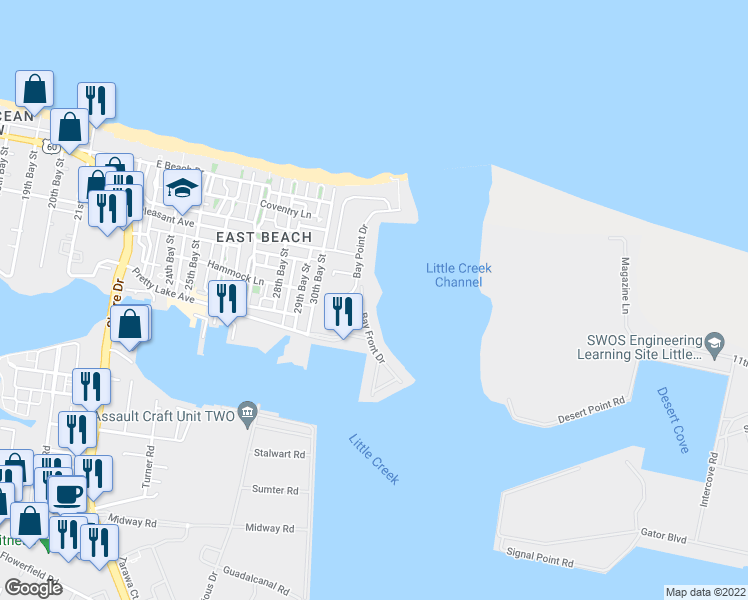 map of restaurants, bars, coffee shops, grocery stores, and more near 9536 Bay Front Drive in Norfolk