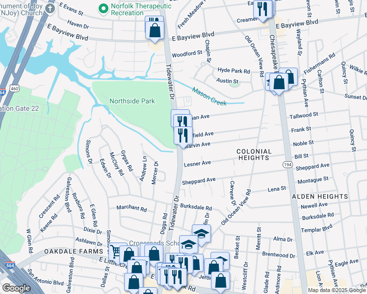 map of restaurants, bars, coffee shops, grocery stores, and more near 803 Marvin Avenue in Norfolk