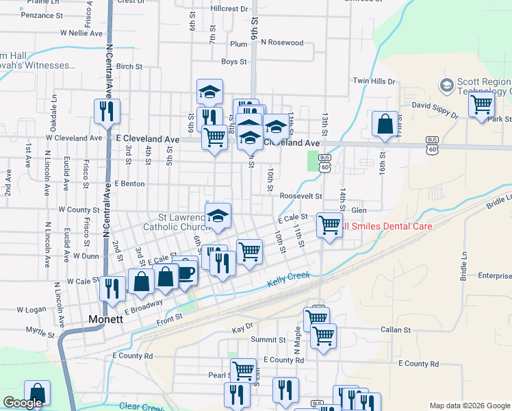 map of restaurants, bars, coffee shops, grocery stores, and more near 509 9th Street in Monett