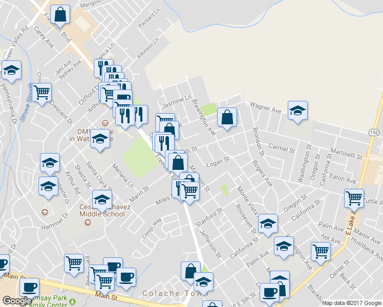 map of restaurants, bars, coffee shops, grocery stores, and more near 757 Martinelli Street in Watsonville