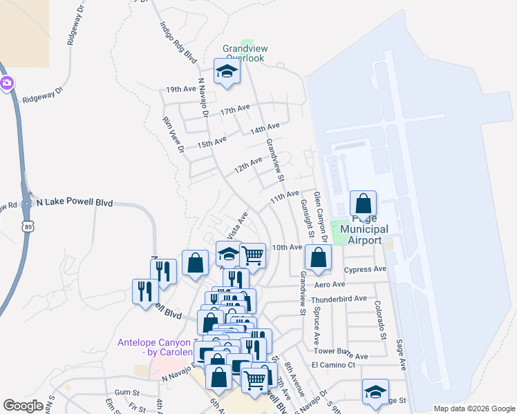 map of restaurants, bars, coffee shops, grocery stores, and more near 2 11th Avenue in Page