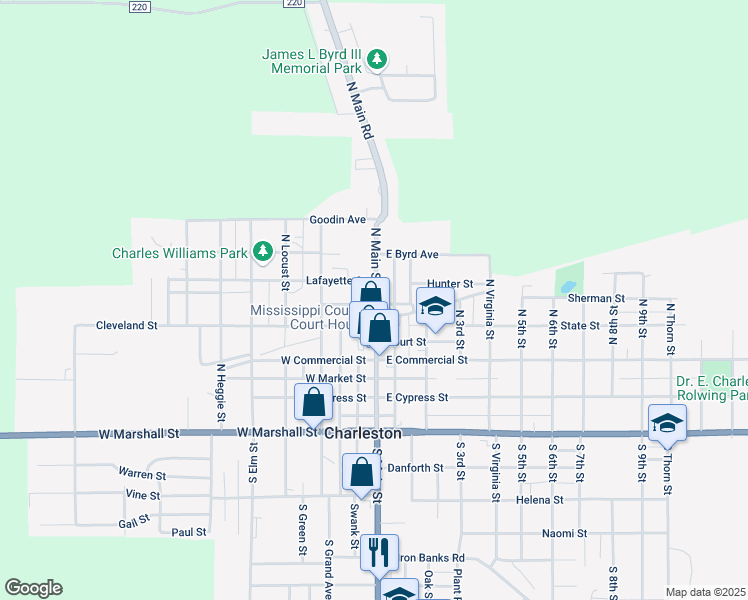 map of restaurants, bars, coffee shops, grocery stores, and more near 113 West Missouri Street in Charleston