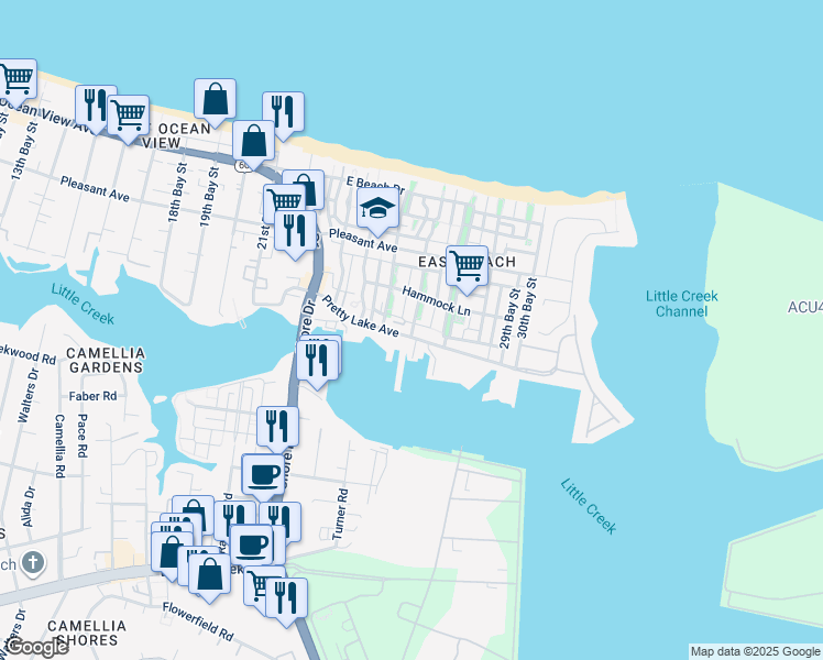 map of restaurants, bars, coffee shops, grocery stores, and more near 9523 26th Bay Street in Norfolk