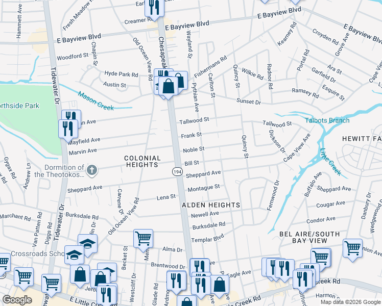 map of restaurants, bars, coffee shops, grocery stores, and more near 1123 Noble Street in Norfolk