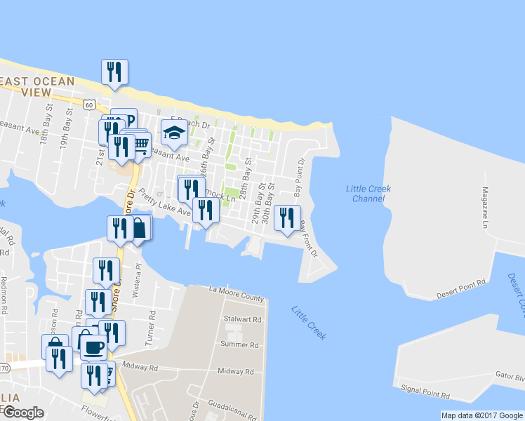 map of restaurants, bars, coffee shops, grocery stores, and more near 9524 29th Bay Street in Norfolk