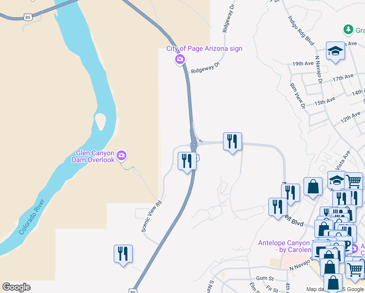 map of restaurants, bars, coffee shops, grocery stores, and more near 691 Scenic View Road in Page