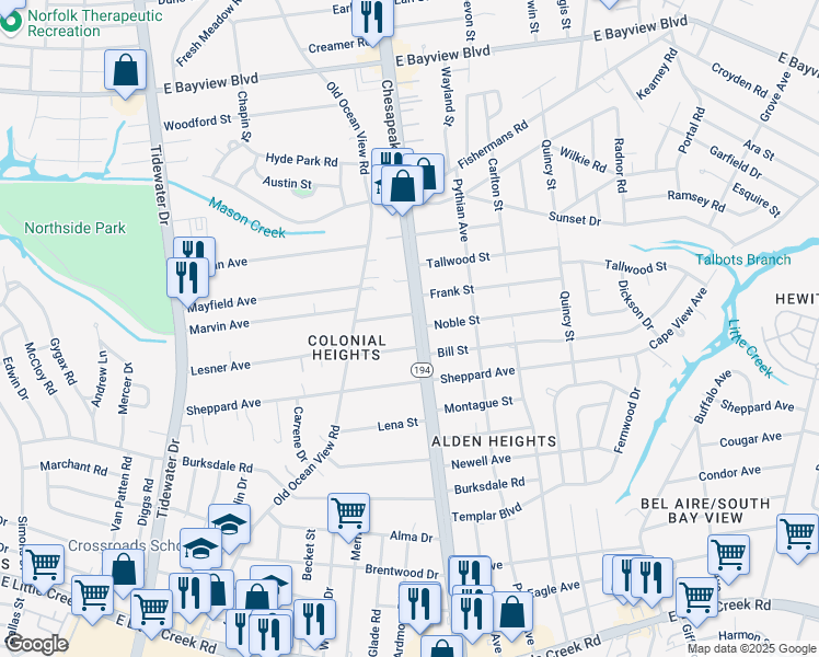map of restaurants, bars, coffee shops, grocery stores, and more near 8345 Chesapeake Boulevard in Norfolk